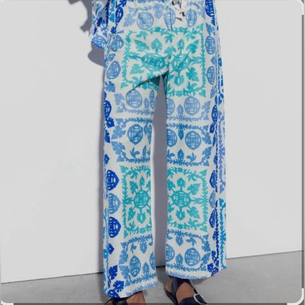 Zara NWT Printed Poplin Cotton Pants Size XXL Wide Leg Trousers Colorful Boho - Picture 1 of 11